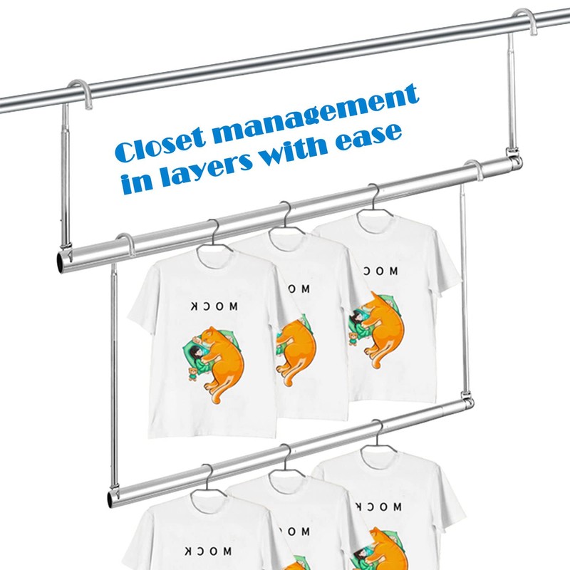 HDbonemu Closet Hanging Rod, Adjustable Width and Height Space-Saving Clothes