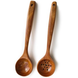 Zenxylo Large Wooden Spoons for Cooking, 2-Piece Premium Teak Wooden Utensils for Cooking, Heavy-Duty & Heat Resistant, 13.7"L x 3.7"W