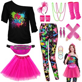 WILDPARTY 80s Fancy Dress For Women, I Love 80s T-shirt, Tutu Skirt, Leggings, Leg Warmers, Necklace, Fishnet Gloves, Neon Costumes Accessories for Retro Theme Party Cosplay