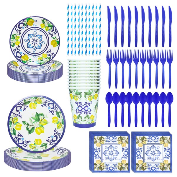 80 PCS Lemon Party Supplies,Disposable Blue Tiles Lemon Party Kit,Fruit