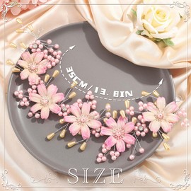 Woeoe Pearl Flower Girl Headpiece Pink Floral Headband Princess Frist Communion Hair Band Wedding Bride Hair Accessories for Women and Girls