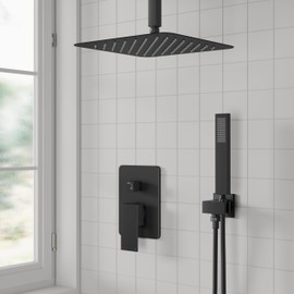 esnbia Shower System, Bathroom 12 Inches Rain Shower Head with Handheld Combo Set, Ceiling Mounted High Pressure Rainfall Dual Shower Head System, Shower Faucet Set with Valve and Trim, Matte Black