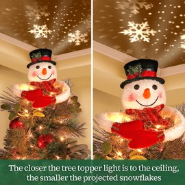 Christmas Snowman Tree Topper Projector, Lighted 3D Snowman Hat with Rotating LED Snowflake Projection, Unique Holiday Tree Decoration for Christmas Party, Home Festive Décor