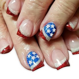 Independence Day Press on Nails Short Square Glue on Nails with Red White French Tip Designs USA Flag False Nails Blue Glitter Stick on Nails 4th of July Fake Nails for Women Girls Manicure 24Pcs
