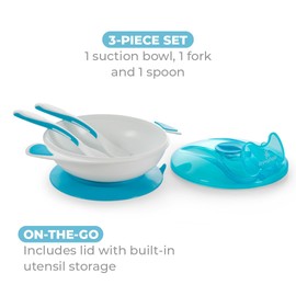 Primo Passi Baby Suction Bowl with Lid Snap-in Fork & Spoon - BPA Free First Stage Self Feeding Utensils (Blue)