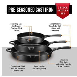 Pre-Seasoned Cast Iron 3 Piece Skillet Bundle. 12” + 10” + 8” Set of 3 Cast Iron Frying Pans Heavy Duty Professional Chef Tools Indoor & Outdoor Use Grill, StoveTop, Campfire Cooking