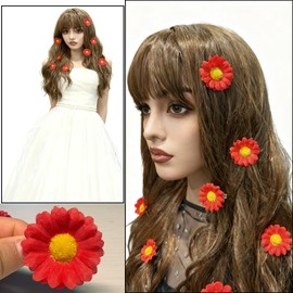 [12 Packed] Women Sweet Daisy Mini Flower Side Hair Clip Beach Wedding Flower Bridesmaid Hair Accessory (Red)