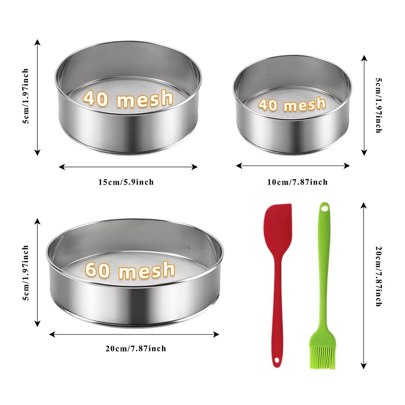 3PCS Stainless Steel Flour Sieve, 10/15/20 cm 40/60 mesh Fine