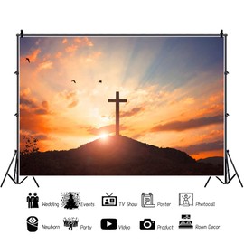 DORCEV 10x8ft Cross Jesus Christ Photography Backdrop Crucifixion Cross On Mountain Photo Background Holy Light Sepulcher Lord Prayer Christian Backdrop Sunrise Sunset Baptism Church Events Props