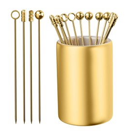 16Pcs Gold Cocktail Picks Reusable Cocktail Toothpicks Stainless Steel Cocktail Skewers Metal Cocktail Picks Stick Fruit Garnish Sticks Martini Olive Picks for Bar Barbecue Fruit Bloody Mary Drink