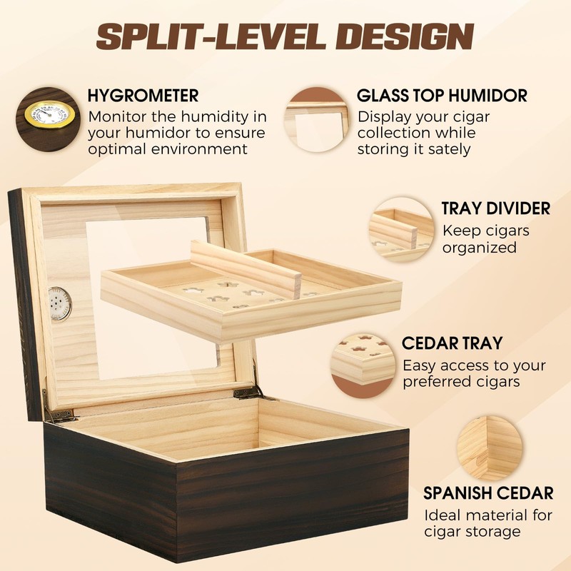 QCXWCJWD Wood Cigar Humidor with Hygrometer and Divider, Handcrafted Wood