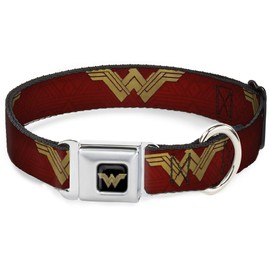 Buckle-Down Dog Collar Seatbelt Buckle Wonder Woman 2017 Icon Reds Golds Available in Adjustable Sizes for Small Medium Large Dogs