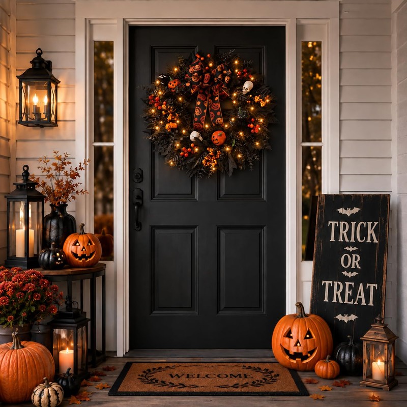 24 in Halloween Wreath for Front Door, Black Skeleton Spider