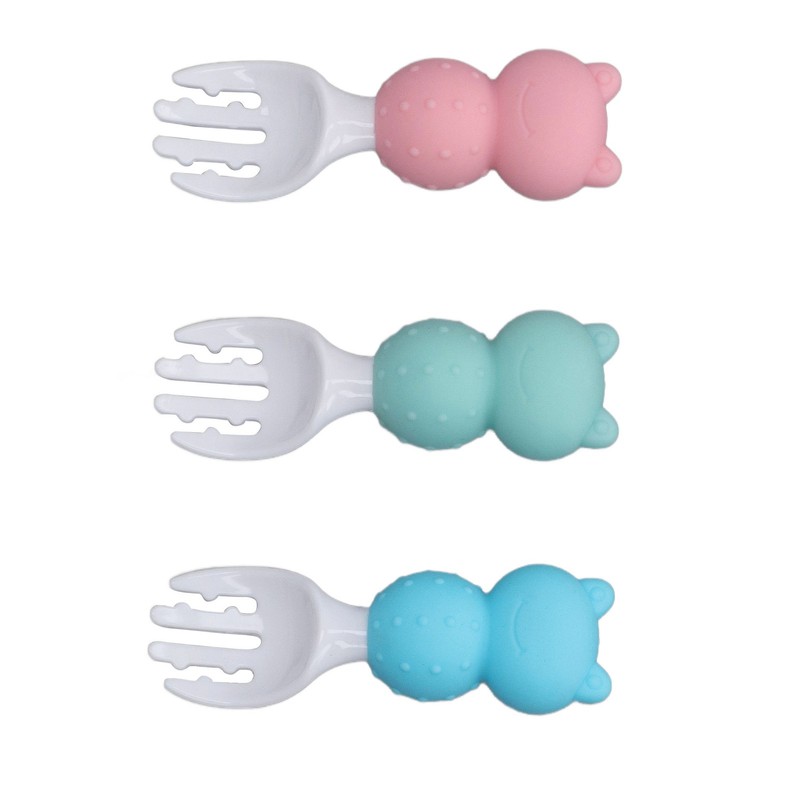 Baby Spoons Forks Set Short Handle Silicone Self Feeding Utensils