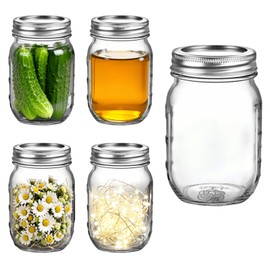 16 oz - 5-Pack Regular Mouth Glass Jars with Lid & Seal Bands - Airtight Container for Pickling, Canning, Candles, Home Decor, Overnight Oats, Fruit Preserves, Jam or Jelly