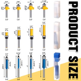12 Pcs Router Bits Including 4 Flush 4 Roundover 4 Pattern Flush Trim Router Bits, All 1/4 Shanks, Ideal for Cutting on Wooden Materials, 4 Sizes, 3styles