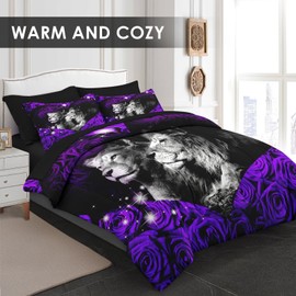 Pamnest Comforter Set King Size, Lion African Purple Rose 7 Pcs Bedding for Kids and Adults, Wild Love Cat Bed Sheet Sets with Fitted Sheet 2 Pillowcases & 2 Shams for Bedroom Bed Decor