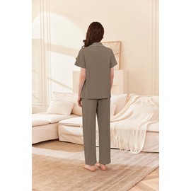 Ekouaer Women's 100% Cotton Pajamas Set Short Sleeve Button Down Pjs 2 Piece Soft Sleepwear with Long Pants Lounge Set Brown Medium