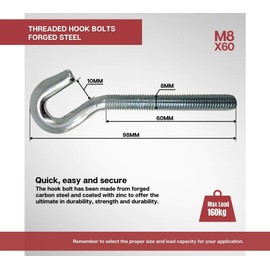 DOJA Industrial Thread Screw Hook, M8 x 60, Pack of 5, Heavy Duty Hook Screws, Bolt Hook Screw, Threaded Hook, Hook for Screwing: Wall Hooks, Ceiling Hooks, Wall Hooks, Ceiling Hooks