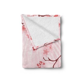 Lunarable East Throw Blanket, Japanese Cherry Blossom Sakura Buds Springtime Travel Destinations Seasonal, Flannel Fleece Accent Piece Soft Couch Cover for Adults, 50" x 70", Coral Pink