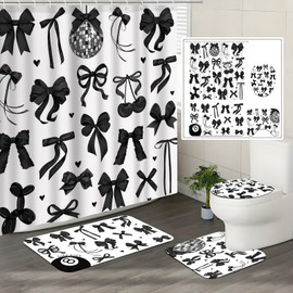Lofaris Black Bow Shower Curtain Set 4 Pcs - Coquette Bathroom Decor with Non-Slip Rugs & Toilet Lid Cover, Elegant Girly Bathroom Accessories