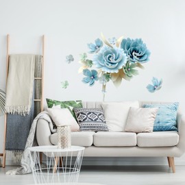 Tanlaby 3D Flower Wall Stickers, Large Blue White Floral Wall Decals, Vinyl Wall Art Sticker for Bedroom Living Room Office Sofa Backdrop TV Wall Home Decor