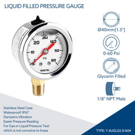 SENCTRL 0-60 Psi Fuel Pressure Gauge, 1-1/2" Dial Size, 1/8" NPT Lower Mount, Glycerin Liquid Filled, Stainless Steel Case, Inline Low Pressure Gauge, for Water Oil Air Pressure Test