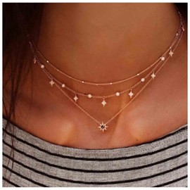 Yheakne Boho Layered Star Necklace Choker Gold Rhinestone Northstar Necklace CZ Star Pendant Necklace Bezel Station Necklace Jewelry for Women and Girls