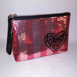 Victoria's Secret Make Up Bag Cosmetic Black Pink Sequin Bling Clutch New