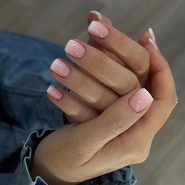 RUPOFUZA Acrylic Press on Nails Short Fake Nails, 24Pcs Square False Nails with Pink Ombre Press on Nails Designs Glossy Artificial Nails Stick on Nails for Women Girls