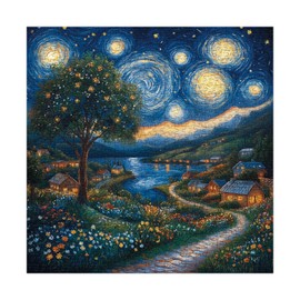 Art Starry Night Landscape Puzzles for Adults 1000 Pieces, Challenging Van Gogh Plant Tree Wildflower Jigsaw Puzzles, Aesthetic Painting Nature Floral Moon Town Village Puzzle