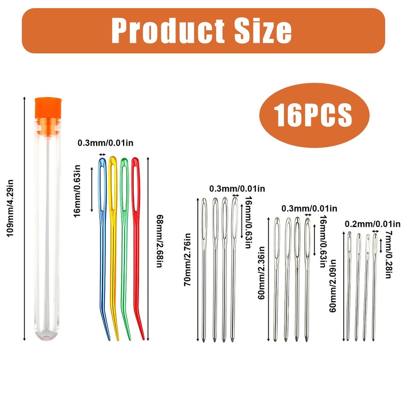 16 Piece Sewing Needles Set - 3 Sizes Darning Needle,