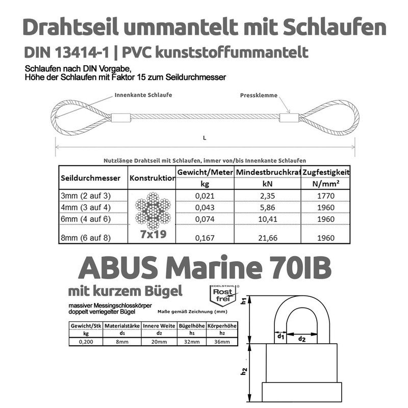 Drahtseile24 Loop Cable, Wire Cable Coated with Loops and ABUS