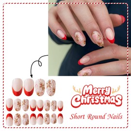Christmas Press on Nails Short Almond Glue on Nails with Gingerbread Man Design Glossy Red French Tips Fake Nails Winter Xmas False Nail Reusable Holiday Crutch Stick on Nail for Women Girls 24Pcs