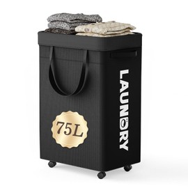 YECAYE 75L Rolling Laundry Hamper, Easy-to-Assemble Clothes Hamper with Wheels, Rolling Dirty Clothes Basket, Slim Basket for Bedroom, Bathroom, or Laundry Room, Black