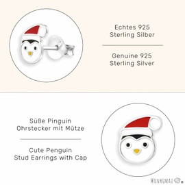 Monkimau Penguin with Hat Stud Earrings Made of 925 Silver Jewellery Silver Earrings Medical for Children Girls Women, Silver
