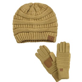 C.C Unisex Soft Stretch Cable Knit Beanie and Anti-Slip Touchscreen Gloves 2 Pc Set, Camel