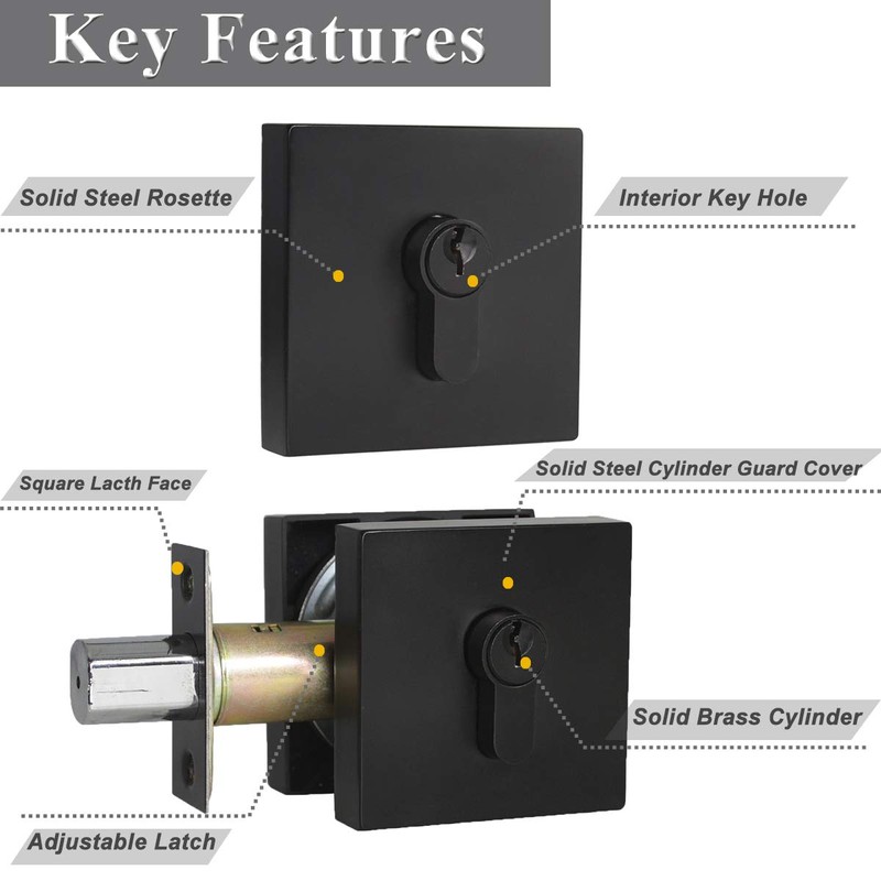 Probrico Square Deadbolts Flat Black Double Cylinder Different Key Sets