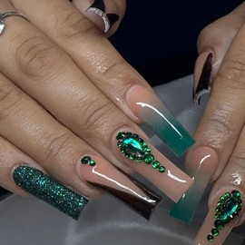 BABALAL Coffin Press on Nails Long Fake Nails Green Glue on Nails French Tip Rhinestone Acrylic Nails Glitter Ballerina Stick on Nails Shiny Nails Pres on