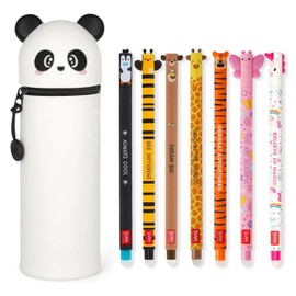 LEGAMI - Set of 7 Erasable Gel Pens + 2-in-1 Pencil Case Pen Pot - with Thermosensitive Erase Ink, Ink colours & barrel designs, 0.7mm Tip, Set 2 (Panda)