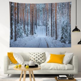 LB Winter Forest Tapestry, Christmas Brown and Green Pine Tree with Snowflake Wall Tapestry for Bedroom, Winter Snow Scene Wall Hanging Tapestry Wall Art for Living Room Home Decor, 40L x 60W Inches