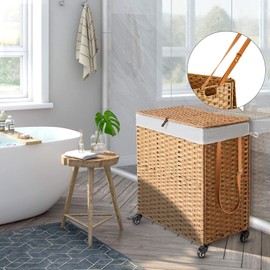 Greenstell Laundry Hamper with Wheels, No Install Needed, 110L Divided Handwoven Hampers & 2 Removable Liner Bags, Synthetic Rattan Clothes Laundry Basket with Lid & Handles, Foldable Hampers Natural