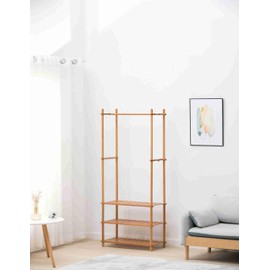 JKVPVANT Wood Clothes Rack Stand, Coat Rack Stand Clothes Hanging Open Wardrobe with Shelves with 5-Layer Trouser Rack for Jacket Umbrella Clothes Hats for Entryway and Bed Room (Natural), yj123
