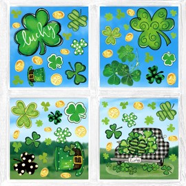 Quera St Patricks Day Window Clings Decorations Green Shamrock Window Stickers Lucky Irish Decals for Glass Windows Saint Patrick's Day Party Supplies, 6 Sheet 71 Pcs