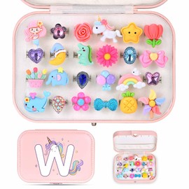 K-Acc Little Girl 24 Jewel Rings Set with Initial Unicorn Jewelry Box - Birthday Gifts for Girls (Letter W)