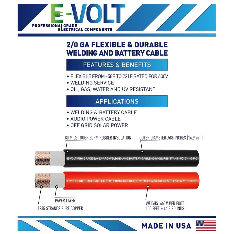 E-VOLT Professional Grade Annealed Copper EPDM Welding Lead and Car