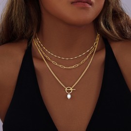 Layered Gold Necklaces for Women Dainty 14K Gold Plated Stack Trendy Pearl Pendant Choker Necklace Simple Paperclip Chain Jewelry Set Gifts for Women