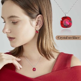 Pomegranate Quartz Crystal Jewelry Set for Women, Square Diamond Necklace Matching Hoop Earrings Valentine's Day Mother's Day Anniversary Engagement Jewelry Set for Bride Bridesmaids Wife Mom