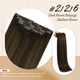 Sunny Clip in Hair Extensions Real Human Hair Brown Balayage Human Hair Clip in Extensions Dark Brown Ombre Medium Brown Hair Extensions Double Weft Clip in Hair Extensions 18inch 7Pcs 120G