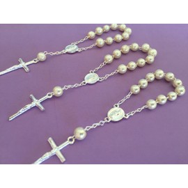 25 Pc Off White Crystal Pearls Baptism Favors Mini Rosaries Silver Plated/ Recuerditos De Bautismo/ Christening Favors/ Decenarios/ Decades/ Finger Rosaries